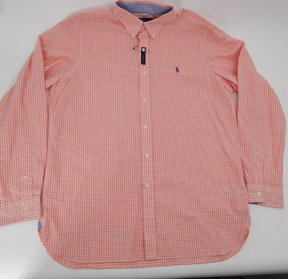 Ralph Lauren Shirt Mens Large Orange Gingham Check Long Sleeve Button Down